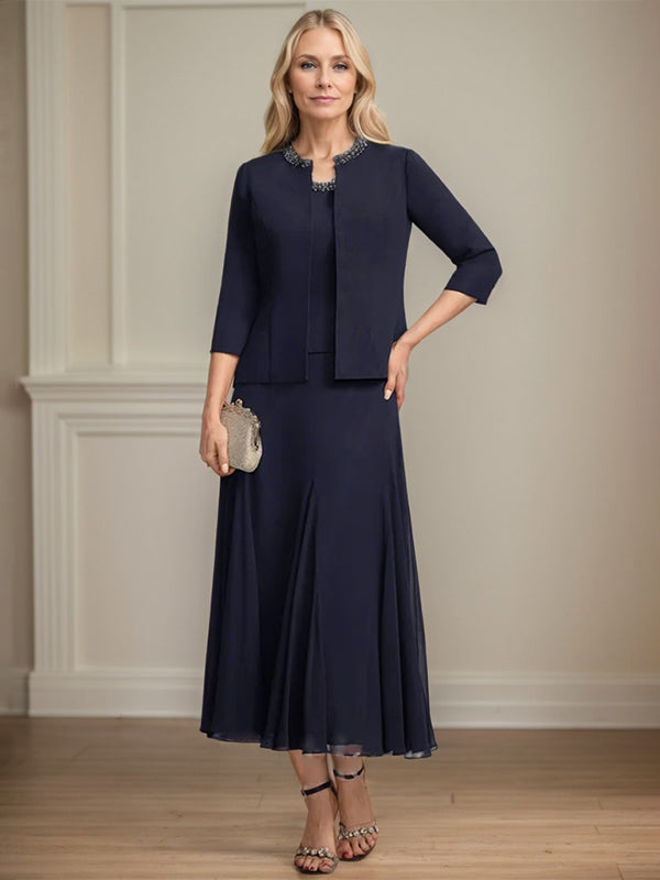 Vestido de mãe da noiva separado evasê, comprimento chá, de chiffon com decote redondo, paetês e bordados