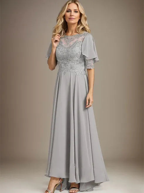 A-Linien Kleid mit Scoop-Ausschnitt, Illusion, asymmetrischem Chiffon und Spitzen, Mutter-der-Braut-Kleid mit Perlenbesatz