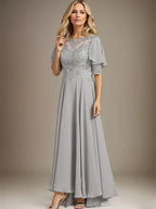 A-Linien Kleid mit Scoop-Ausschnitt, Illusion, asymmetrischem Chiffon und Spitzen, Mutter-der-Braut-Kleid mit Perlenbesatz