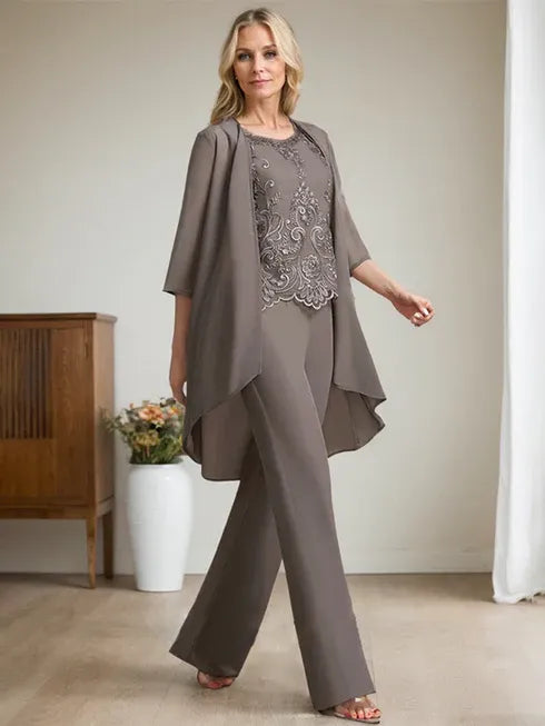 Conjunto de mono/pantalón separado de madre de la novia con encaje de gasa hasta el suelo, escote redondo y adornos de cuentas y lentejuelas