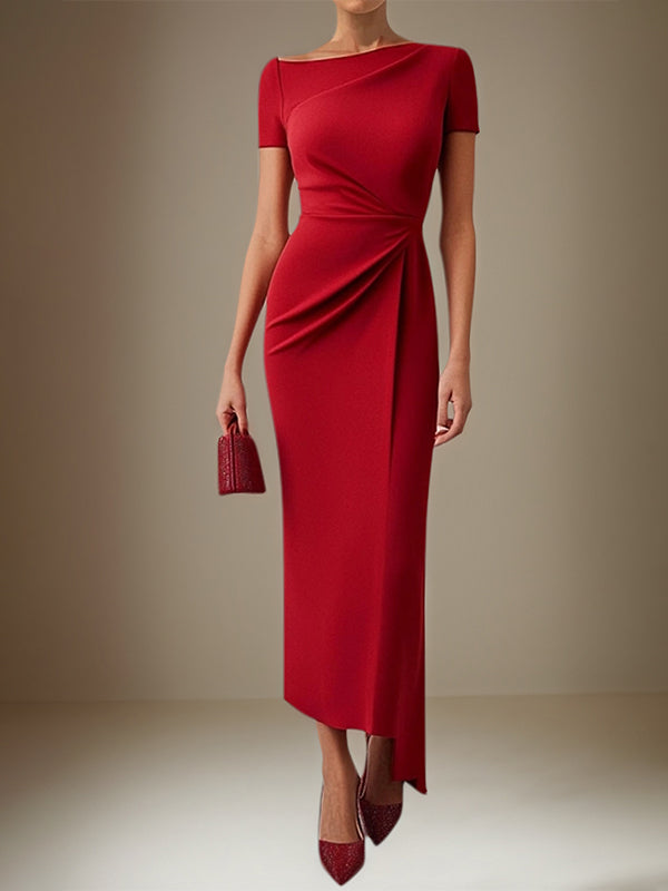 Business-Rotkleid mit Rundhalsausschnitt, knöchellang