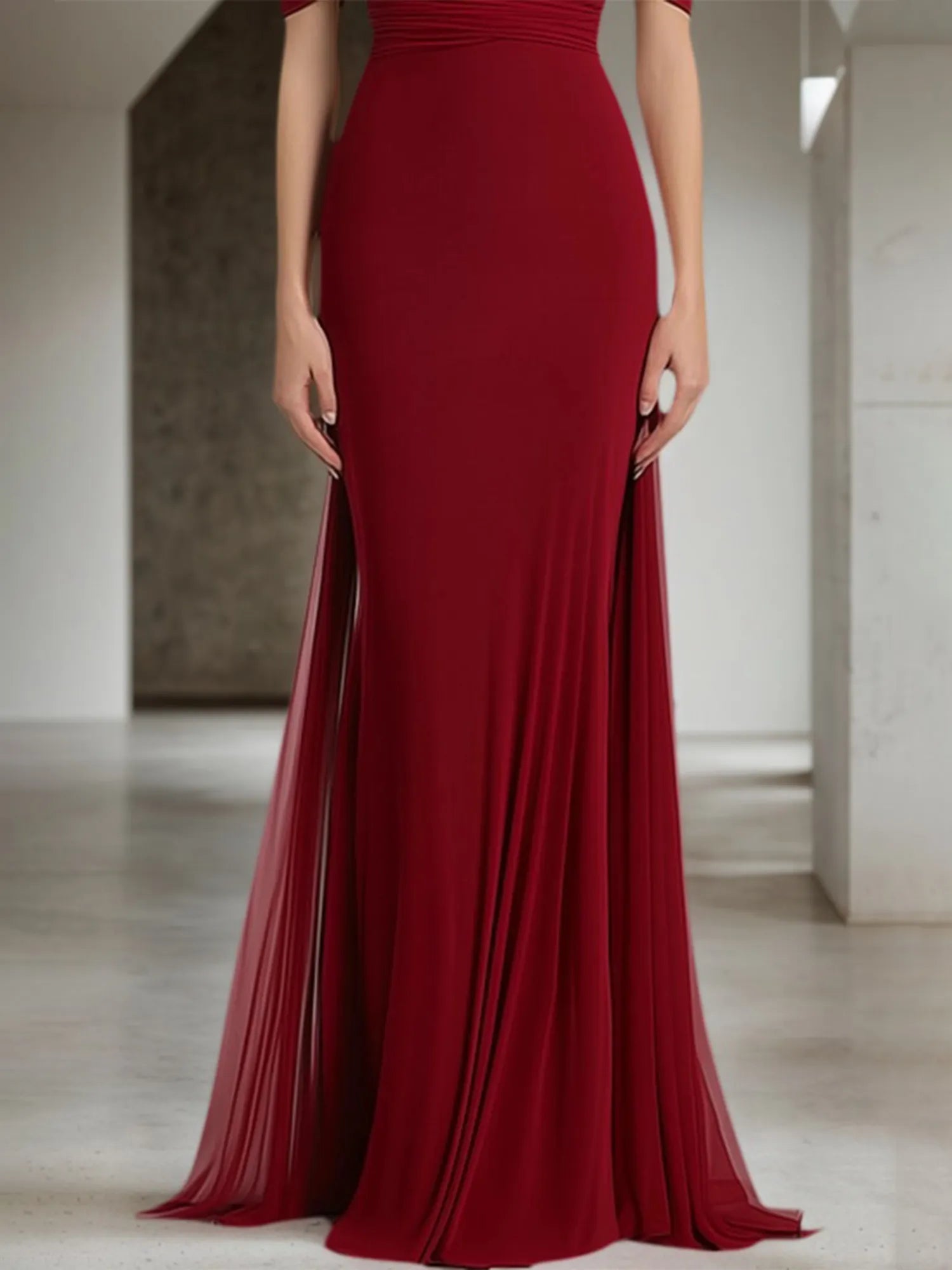 Evening Formal Dress Red Off-The-Shoulder Chiffon Maxi Gown