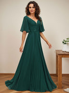 A-Linien V-Ausschnitt bodenlanges Chiffon Mutterkleid der Braut mit Pailletten-Applikationen, Spitze und Falten