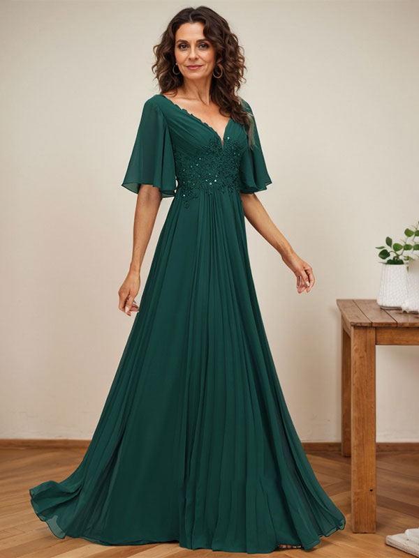 A-Linien V-Ausschnitt bodenlanges Chiffon Mutterkleid der Braut mit Pailletten-Applikationen, Spitze und Falten