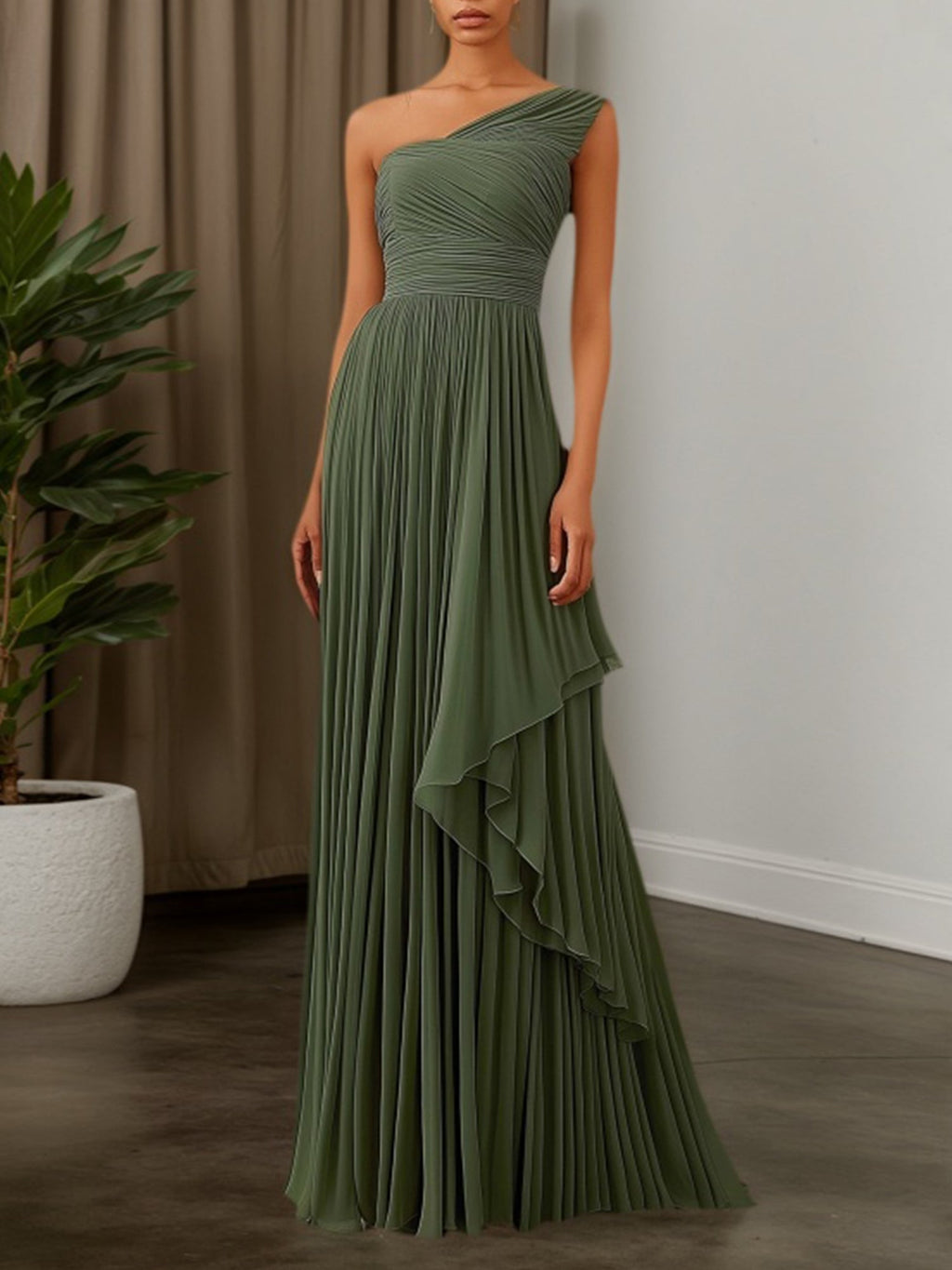 Fall Wedding Guest Dress Green Ruched Asymmetrical Maxi Gown