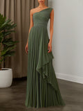 Fall Wedding Guest Dress Green Ruched Asymmetrical Maxi Gown