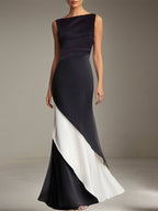 Formal Evening Gown Elegant Black White Sleeveless Floor Length Chiffon Dress