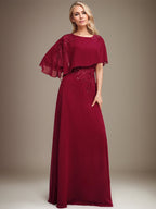 A-Linie Rundhals Bodenlanges Chiffon-Spitzenkleid für die Brautmutter mit Pailletten und Perlen