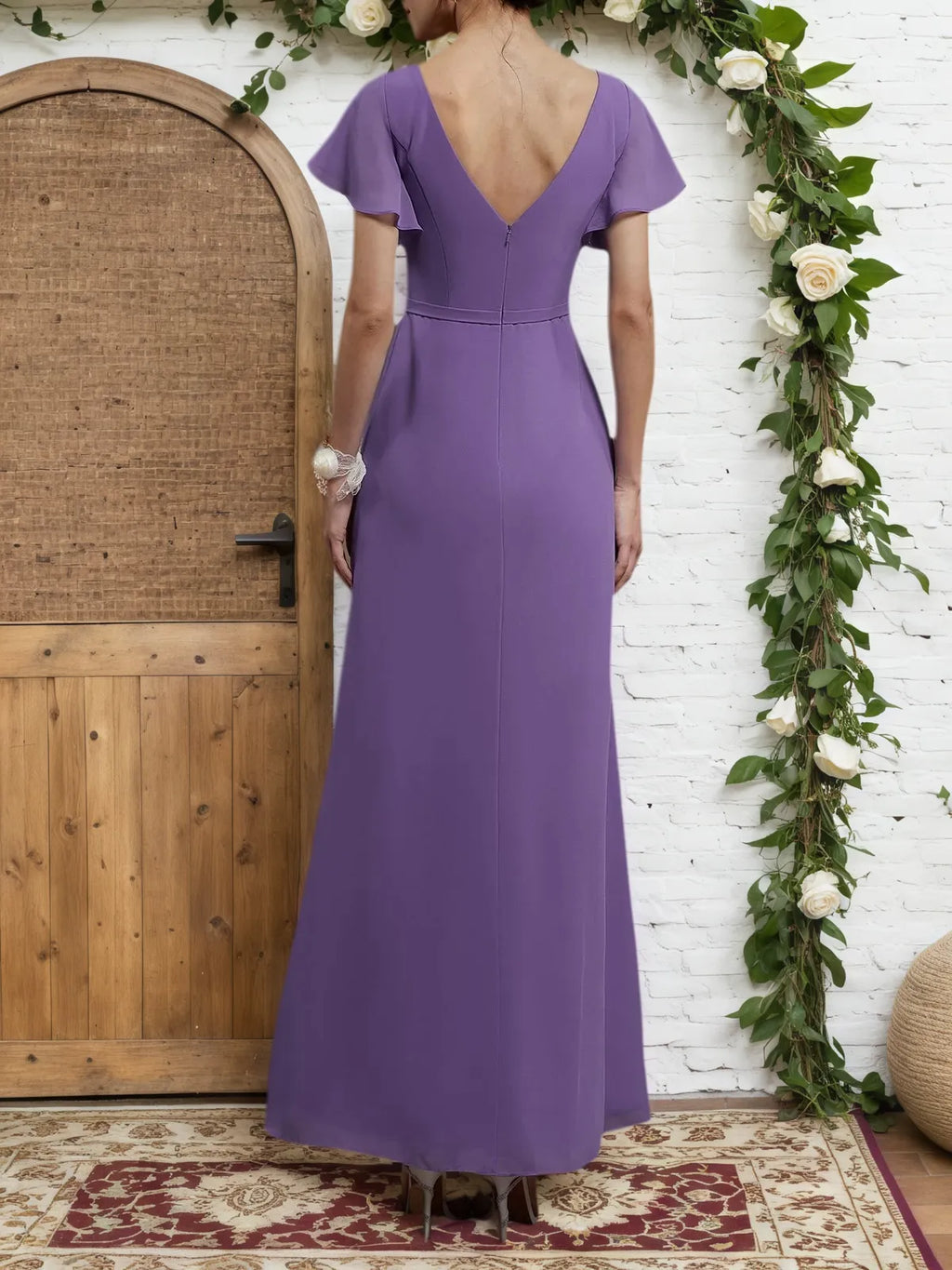 Lila gerafftes V-Ausschnitt Kleid mit Rüschenärmeln, A-Linie, Maxi Chiffon Brautjungfernkleid