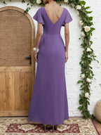 Lila gerafftes V-Ausschnitt Kleid mit Rüschenärmeln, A-Linie, Maxi Chiffon Brautjungfernkleid