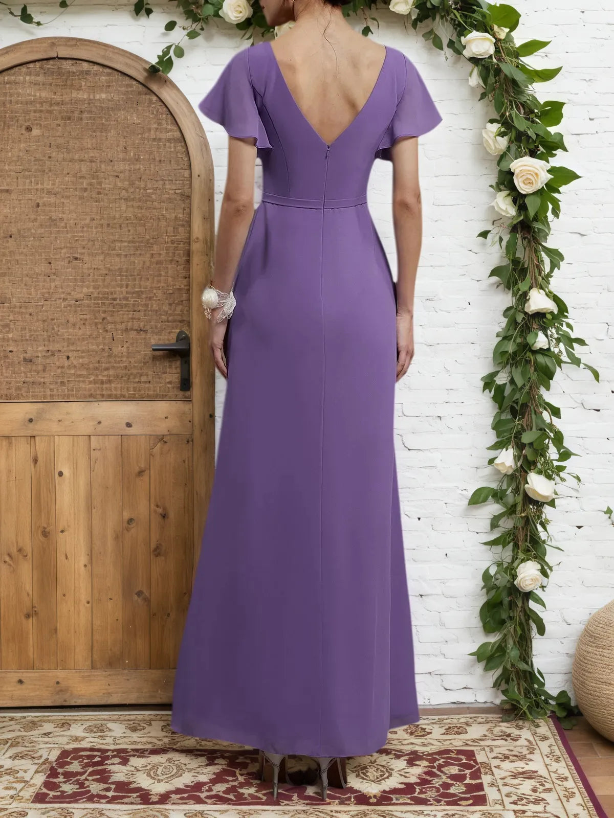 Lila gerafftes V-Ausschnitt Kleid mit Rüschenärmeln, A-Linie, Maxi Chiffon Brautjungfernkleid