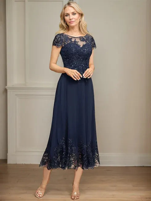 Robe mère de la mariée ligne A illusion à col rond longueur thé en dentelle mousseline avec paillettes