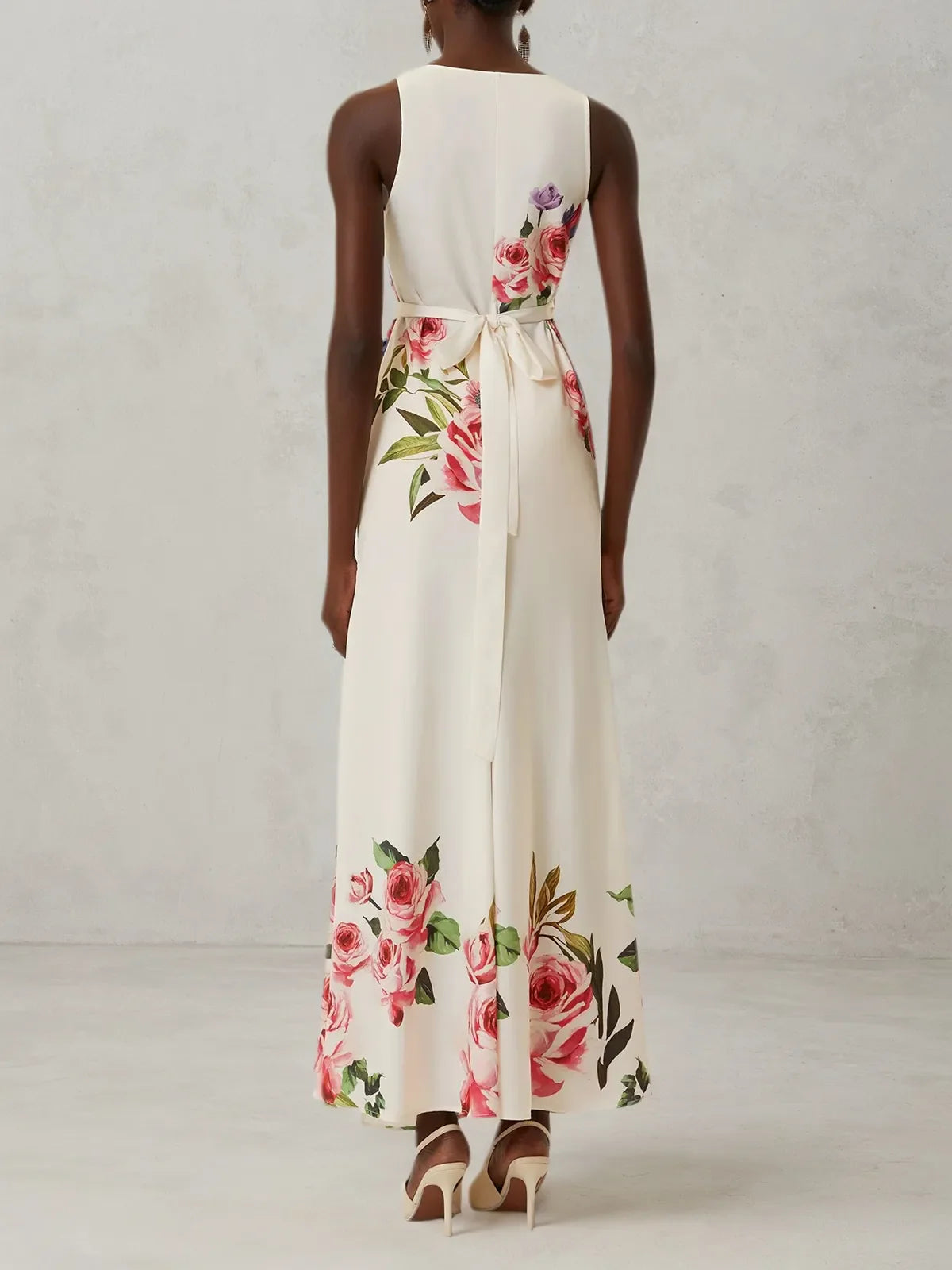 Rosa Wickelkleid mit floralem Kreuzmuster, V-Ausschnitt, ärmellos, Mermaid-Abendkleid