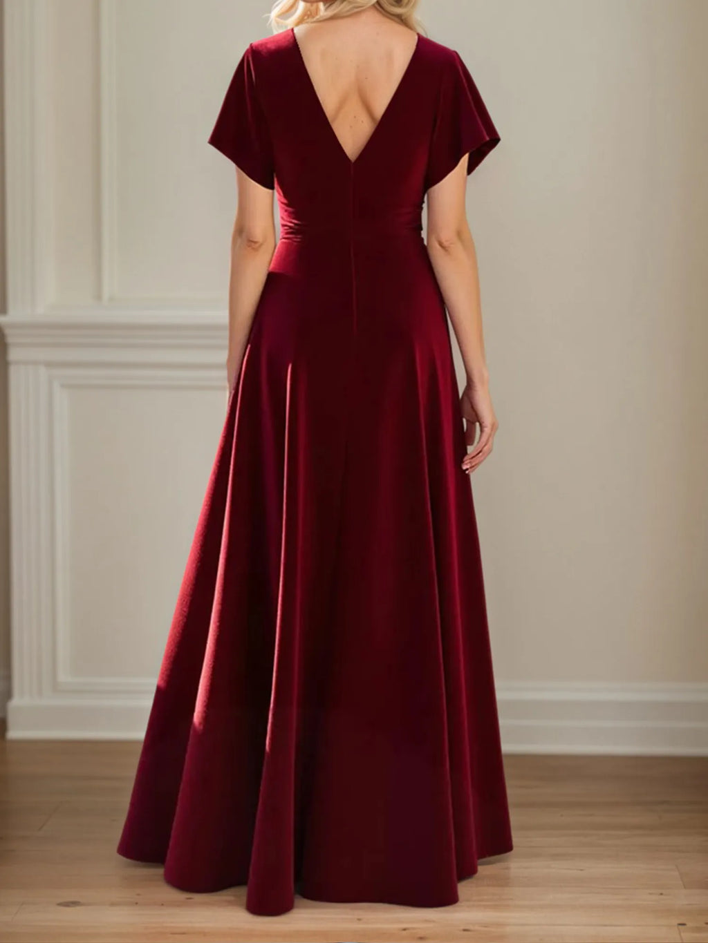 A-Linien V-Ausschnitt gerafftes bodenlanges Kleid für die Brautmutter