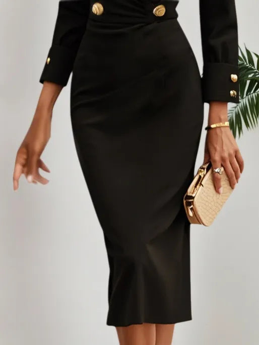 Vestido blazer midi negro con escote en V, manga larga y hebilla