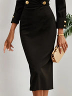 Vestido blazer midi negro con escote en V, manga larga y hebilla