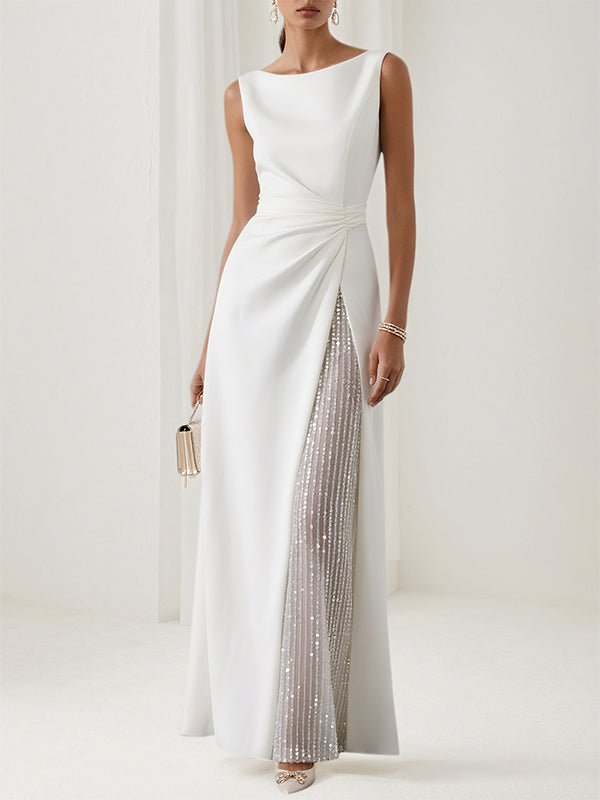 A-Linien Weißes Chiffon Kleid mit Rundhalsausschnitt, ärmellos, bodenlang mit Pailletten