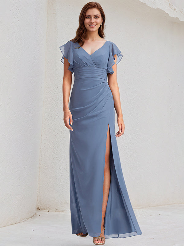 Abito da damigella lungo in chiffon blu ardesia a linea A con scollo a V e volant