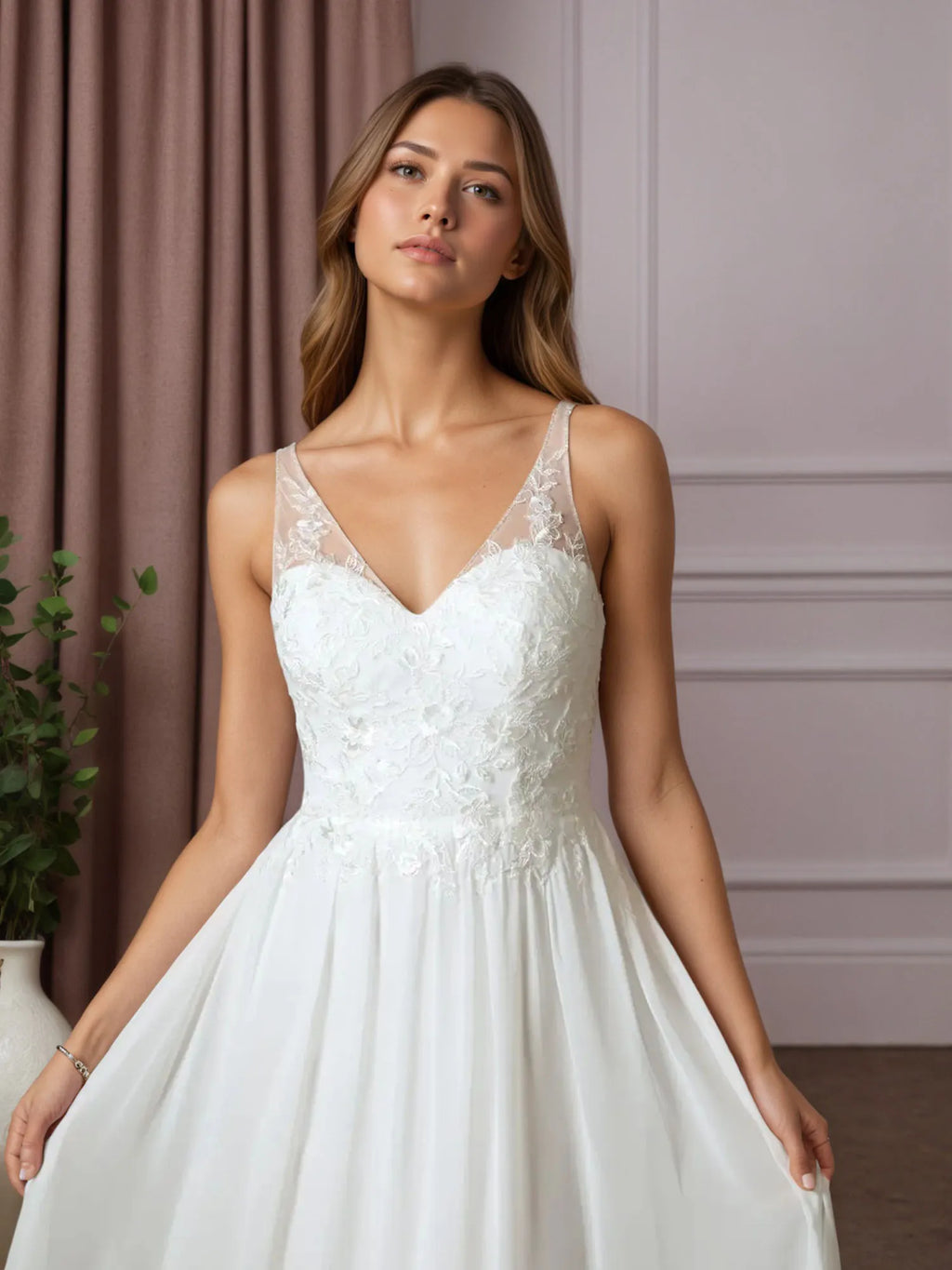 Vestido de novia blanco en línea A de gasa con lentejuelas