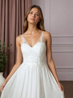 Vestido de novia blanco en línea A de gasa con lentejuelas