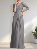 Vestido para la madre de la novia línea A con escote redondo ilusión, largo hasta el suelo, de gasa y encaje con cuentas, lentejuelas y volantes en cascada