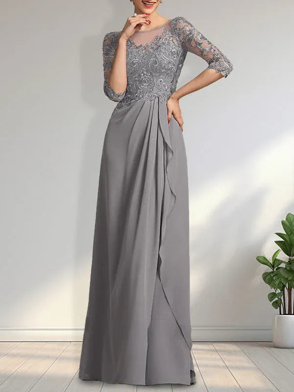 Vestido para la madre de la novia línea A con escote redondo ilusión, largo hasta el suelo, de gasa y encaje con cuentas, lentejuelas y volantes en cascada