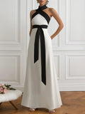 Formal Black and White Halter Cross-Neck Maxi Dress