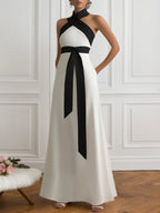 Formal Black and White Halter Cross-Neck Maxi Dress
