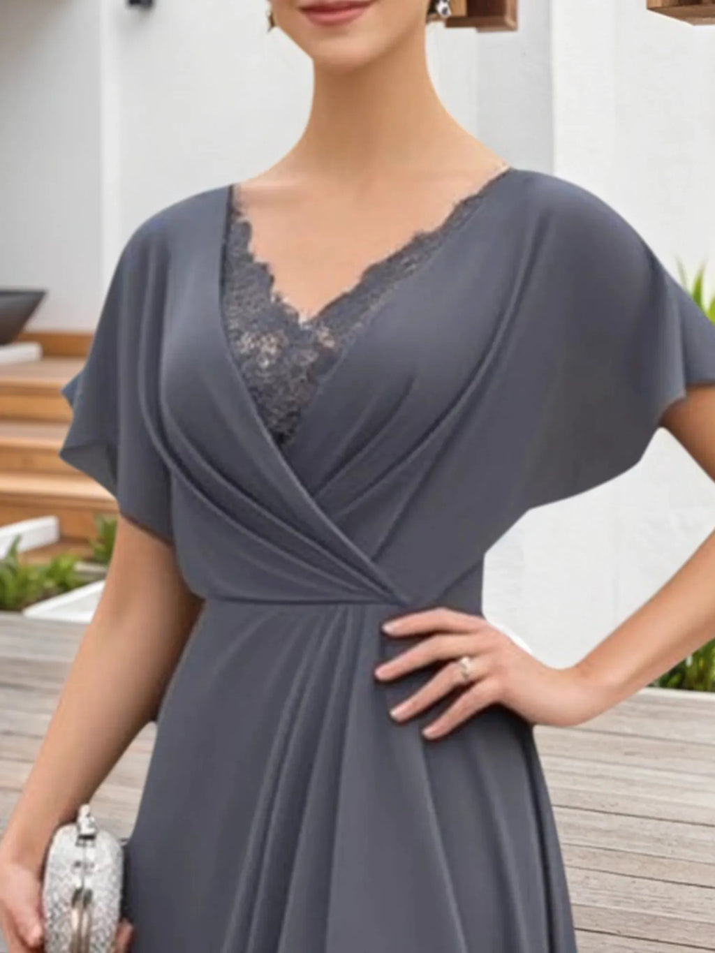 Mutter-der-Braut-Kleid Grau Spitze V-Ausschnitt Chiffon Maxikleid