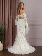 Abito da sposa sirena bianco champagne con scollo a V, paillettes e pizzo