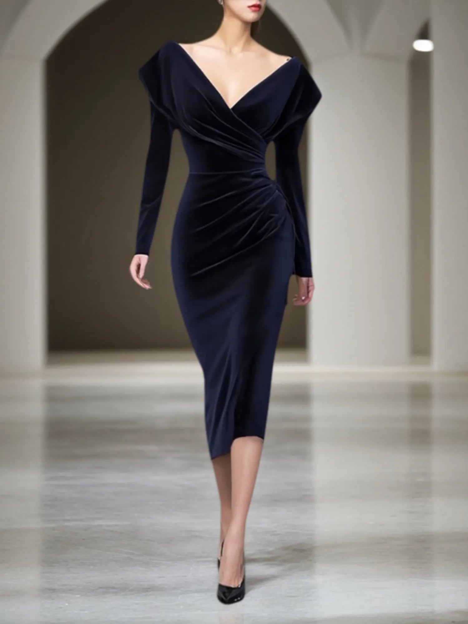 Vestido de cóctel para fiesta azul marino, escote en V, midi de terciopelo, para madre de la novia