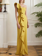 Formal Evening Gown Yellow One Shoulder Ruffle Maxi Dress
