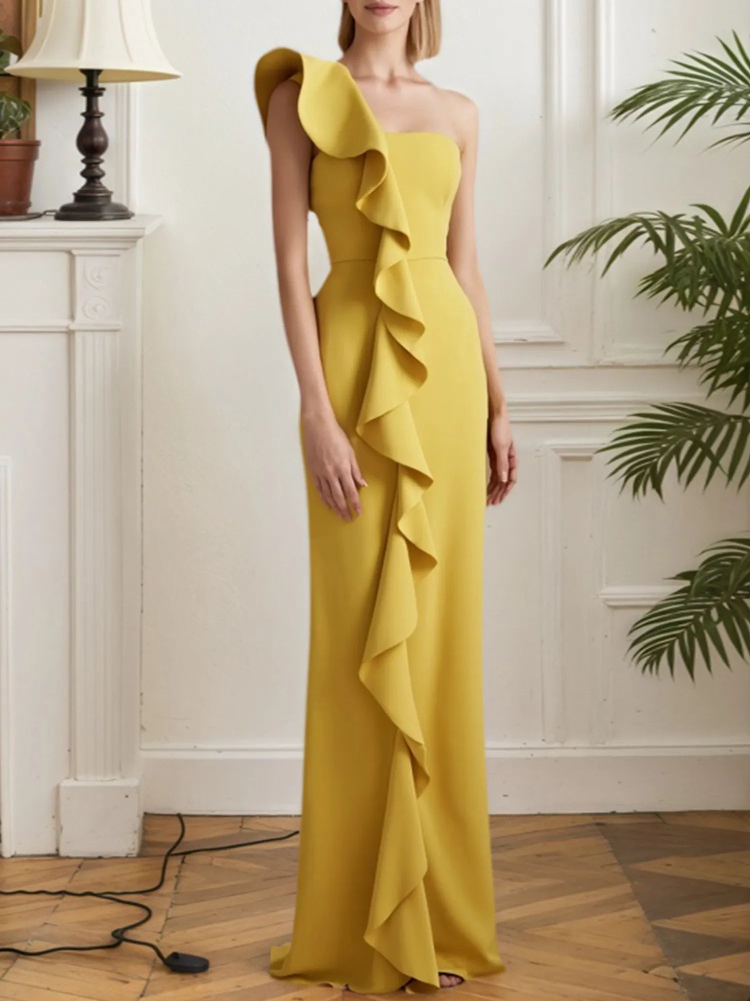 Formal Evening Gown Yellow One Shoulder Ruffle Maxi Dress