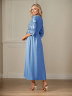 Robe mère de la mariée maxi en dentelle froncée ligne A col rond à volants