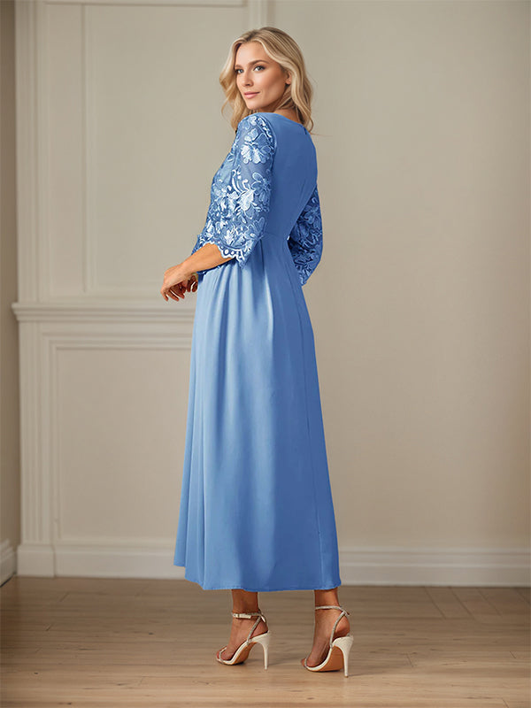 Robe mère de la mariée maxi en dentelle froncée ligne A col rond à volants