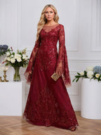 A-line Scoop Illusion Floor-Length Tulle Lace Evening Dress With Sequins