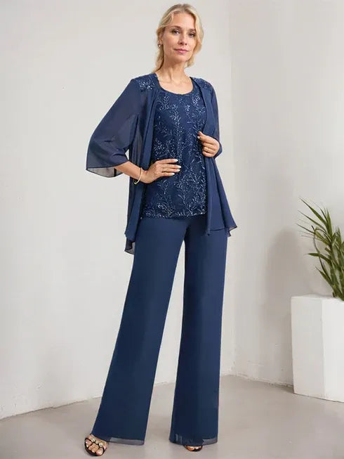 Conjunto separado mono/pantalón con escote redondo, encaje y gasa largo hasta el suelo para madre de la novia con lentejuelas