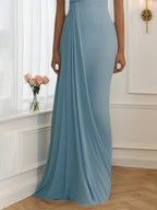 Formal Evening Dress Light Blue One Shoulder Ruched Floor Dress