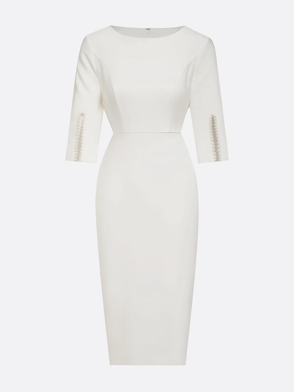 Abito midi bianco con perle finte, classico, scollo tondo, maniche a mezza lunghezza, modello aderente