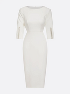 Abito midi bianco con perle finte, classico, scollo tondo, maniche a mezza lunghezza, modello aderente