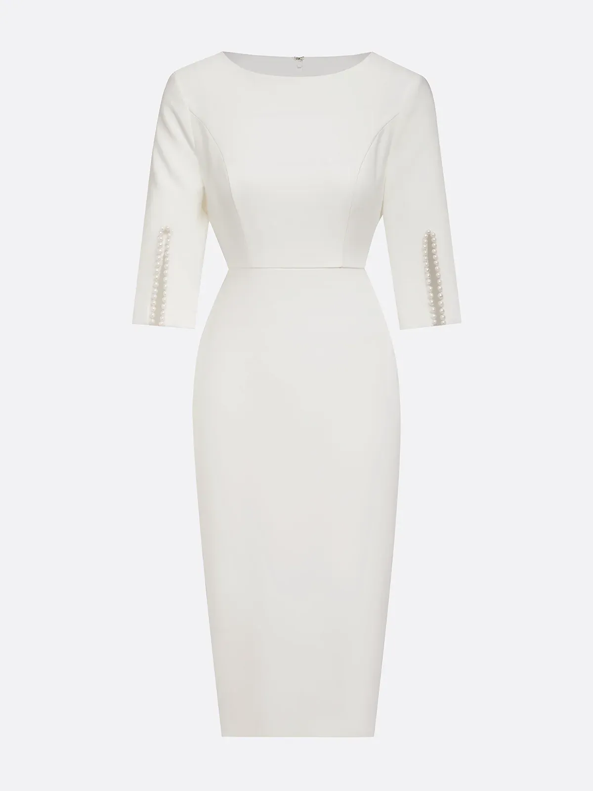 Abito midi bianco con perle finte, classico, scollo tondo, maniche a mezza lunghezza, modello aderente