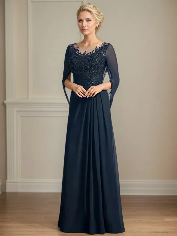 A Line Scoop 3/4 Sleeve Chiffon Mother of the Bride Dress With Appliques