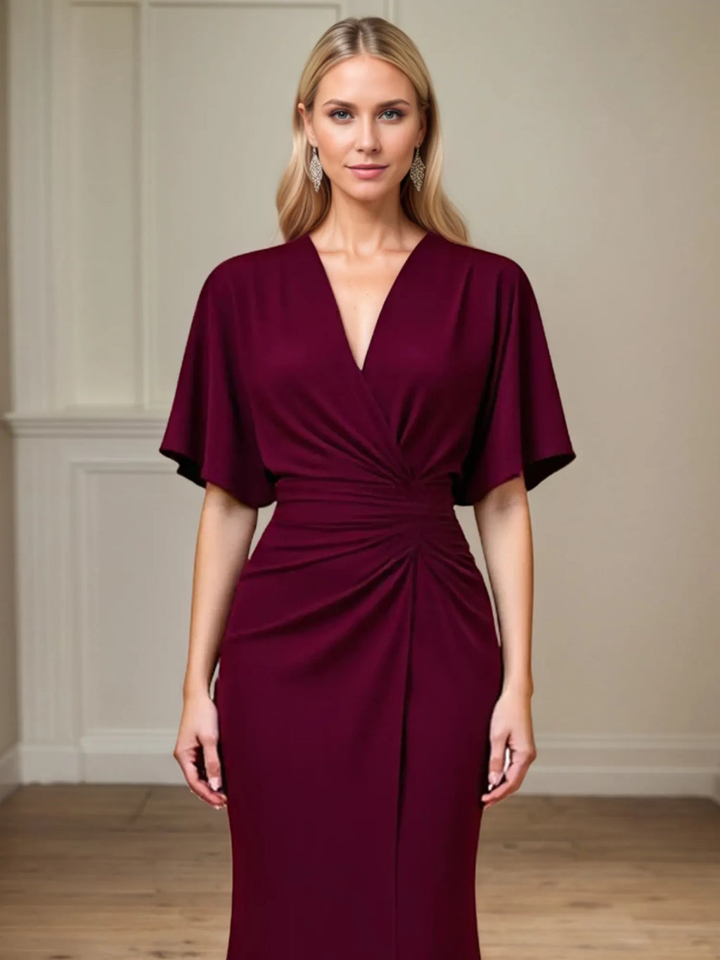 Trumpet/Meerjungfrau V-Ausschnitt Rüschiges Bodenlanges Kleid der Brautmutter