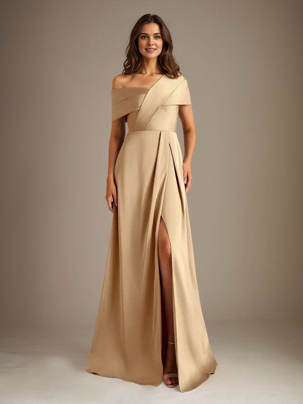 A-Linien asymmetrischer Ausschnitt bodenlanges Satin-Brautkleid für die Brautmutter mit Falten