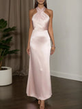 Vestido formal para invitadas de boda, maxi rosa de satén con cuello halter