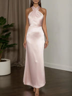 Vestido formal para invitadas de boda, maxi rosa de satén con cuello halter