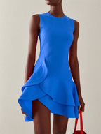 A Line Blue Stretch Crepe Round Neck Sleeveless Dress With Ruffles