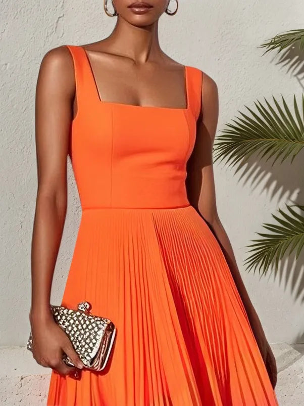 Vestido midi en línea A naranja clásico con escote cuadrado plisado y sin mangas