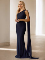 One-Shoulder Cape Detail Chiffon Mermaid Maxi Gown Formal Evening Dress