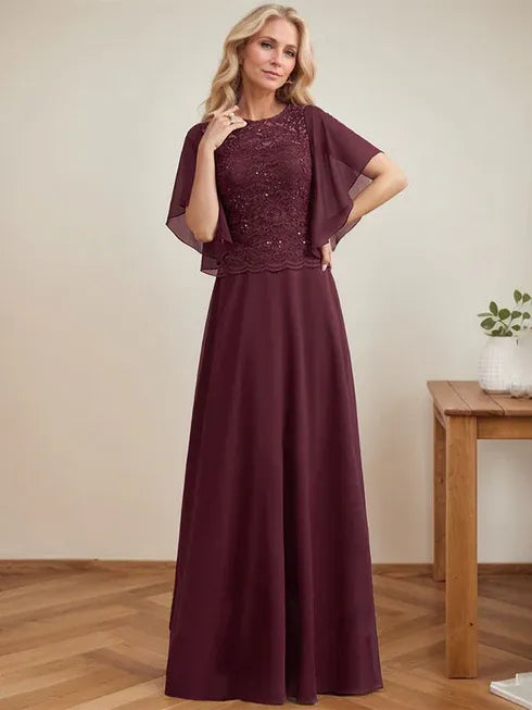 Vestido de mãe da noiva em chiffon e renda com ilusão decote redondo, em linha A, comprimento até o chão com lantejoulas